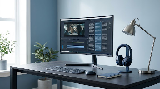 Modern workspace with a curved monitor showing video editing software, headphones, and a desk lamp